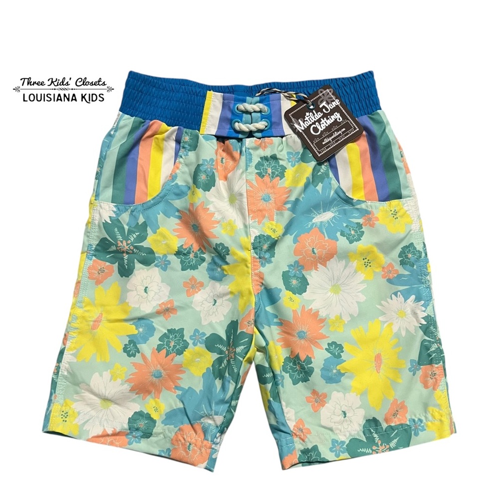 NEW Matilda Jane 6Y Oh Boy Multicolor Floral & Stripes Swim Trunks